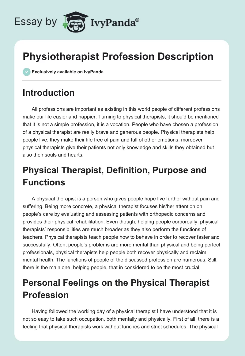 Physiotherapist Profession Description. Page 1