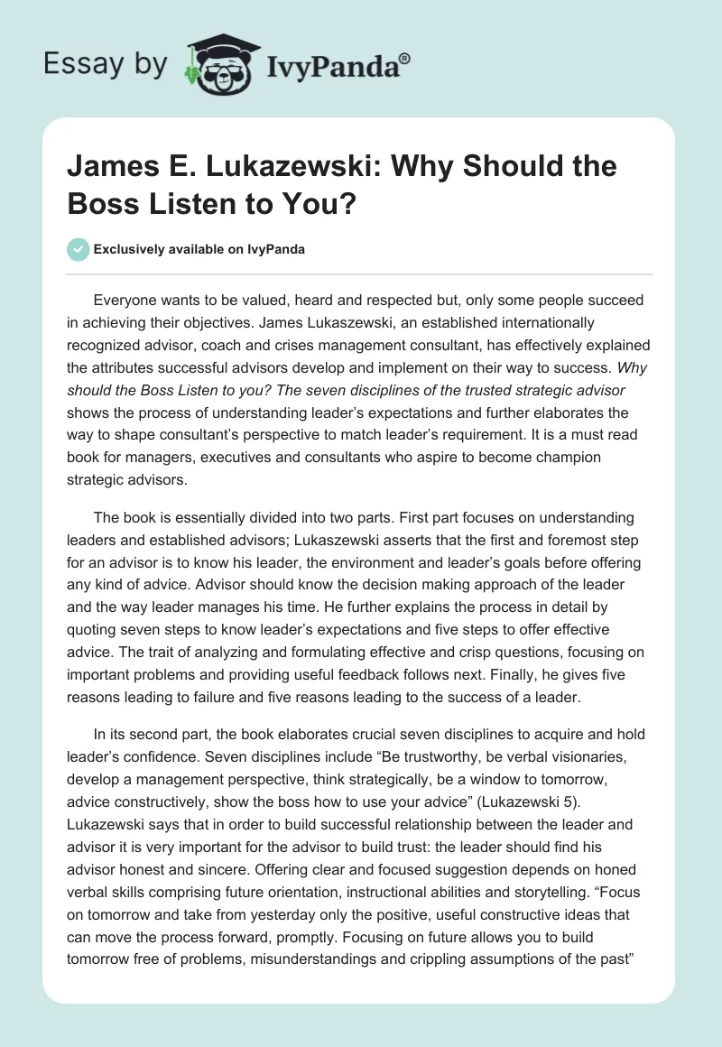 James E. Lukazewski: Why Should the Boss Listen to You?. Page 1