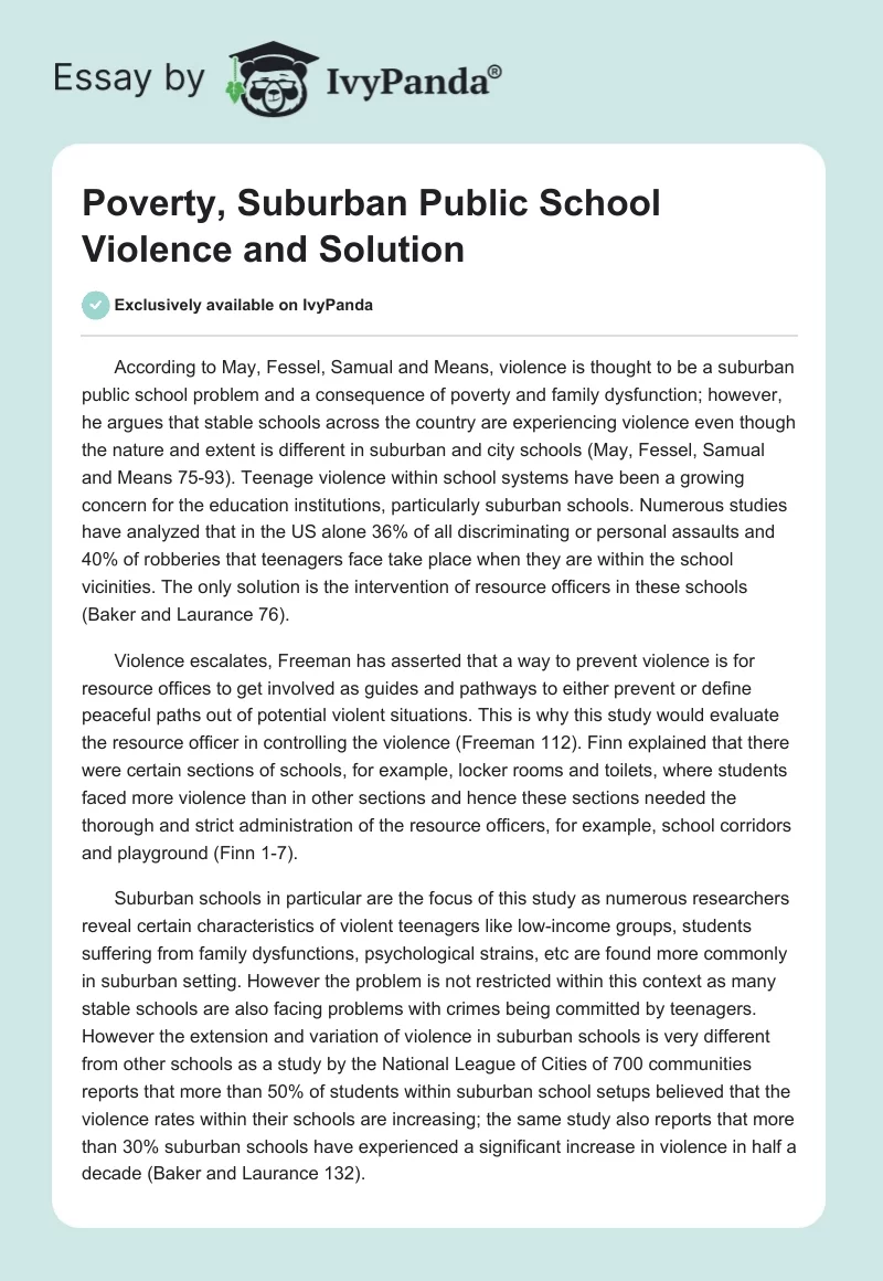Poverty, Suburban Public School Violence and Solution. Page 1