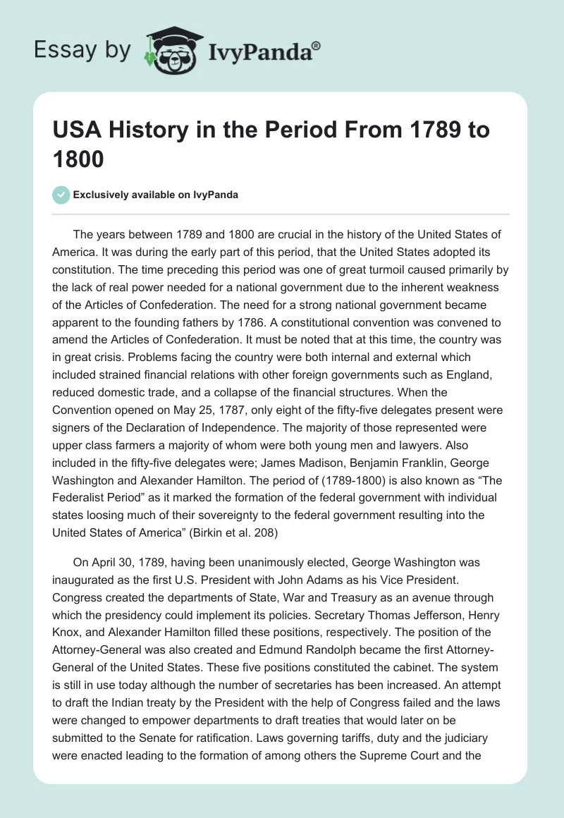 USA History in the Period From 1789 to 1800. Page 1