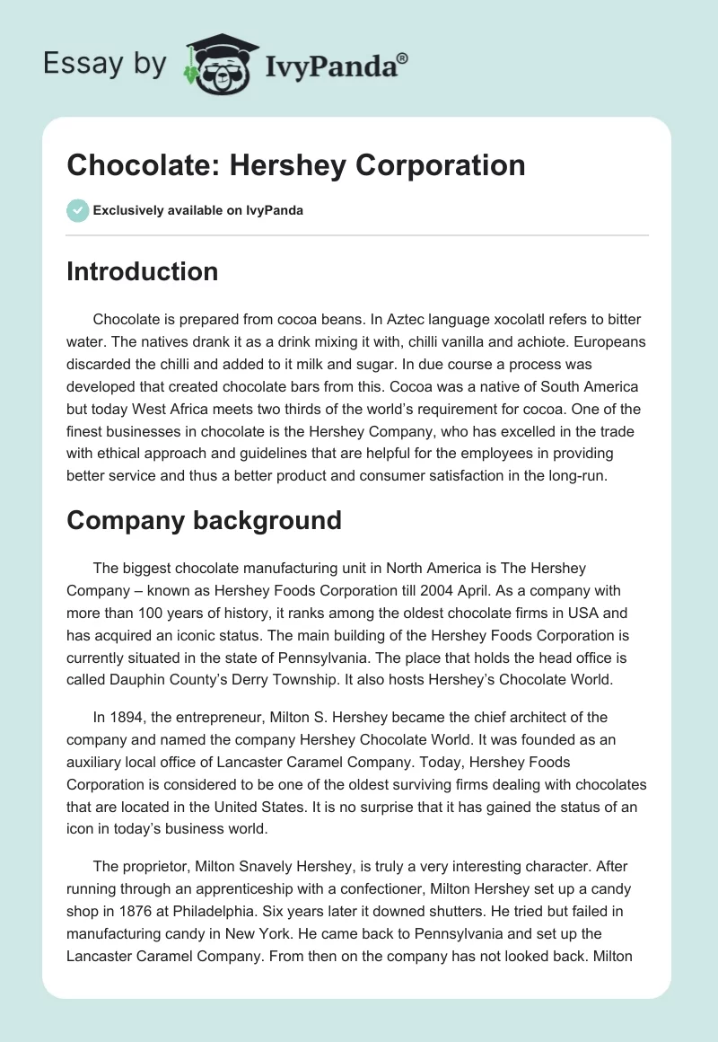 Chocolate: Hershey Corporation. Page 1
