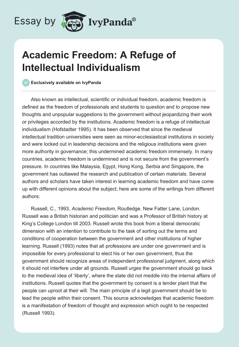 Academic Freedom: A Refuge of Intellectual Individualism. Page 1