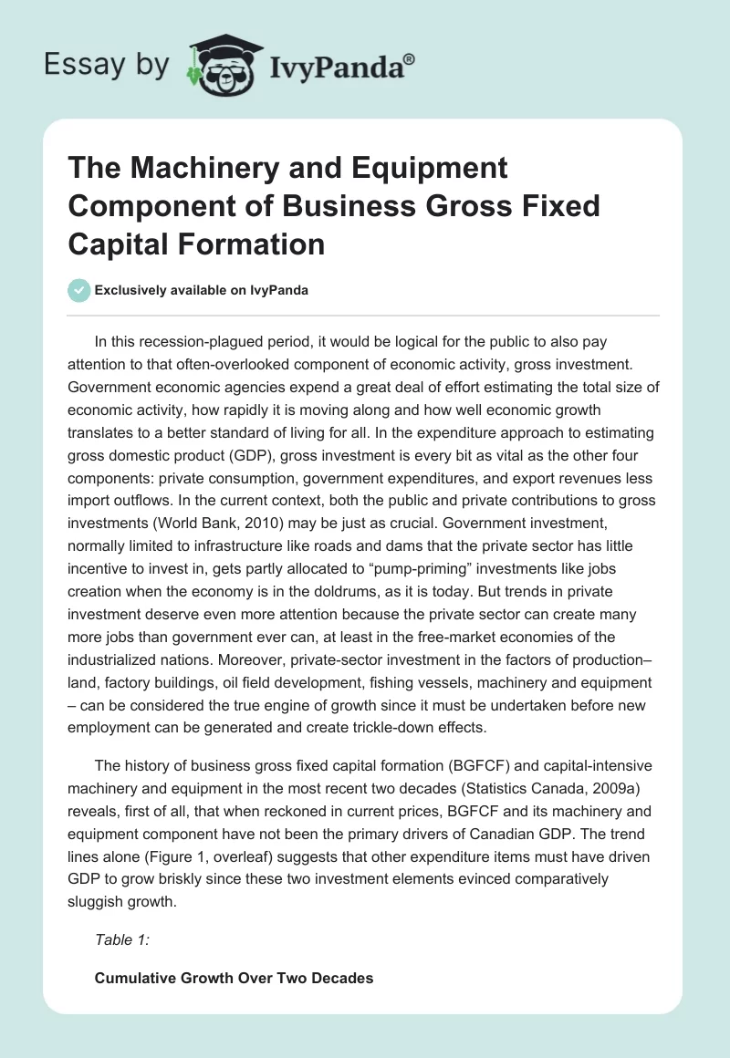 The Machinery and Equipment Component of Business Gross Fixed Capital Formation. Page 1