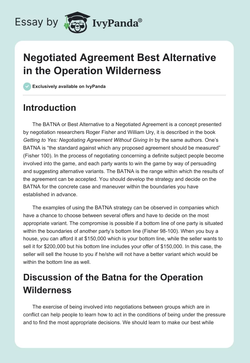 Negotiated Agreement Best Alternative in the Operation Wilderness. Page 1