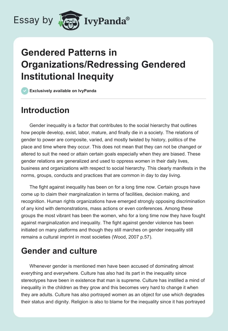 Gendered Patterns in Organizations/Redressing Gendered Institutional Inequity. Page 1