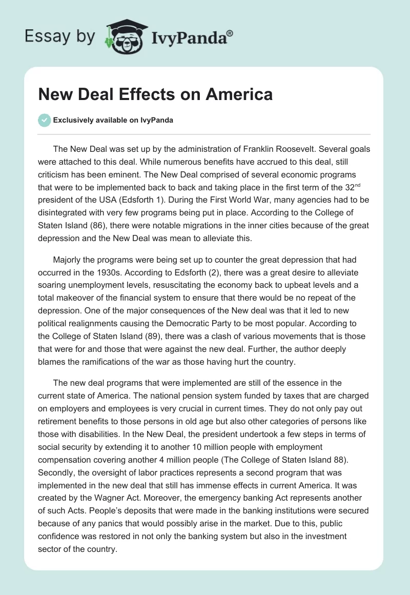 New Deal Effects on America. Page 1
