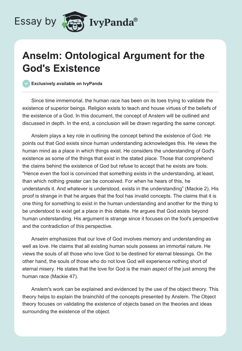Anselm: Ontological Argument for the God's Existence. Page 1
