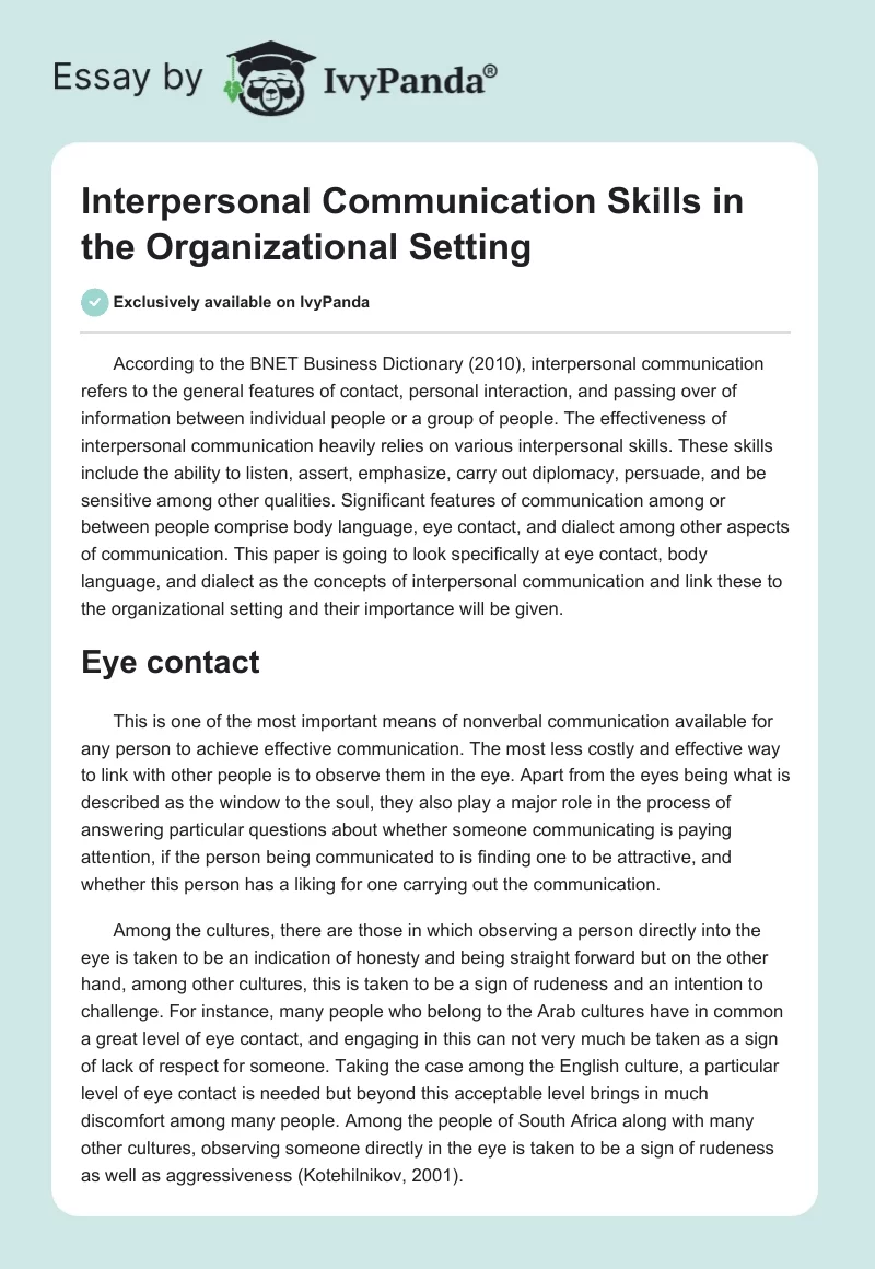 Interpersonal Communication Skills in the Organizational Setting. Page 1