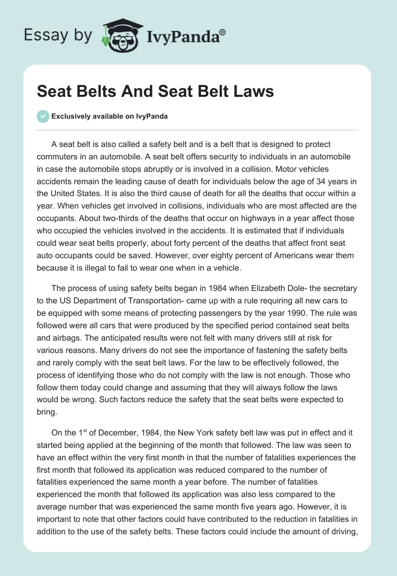 Seat Belts And Seat Belt Laws. Page 1