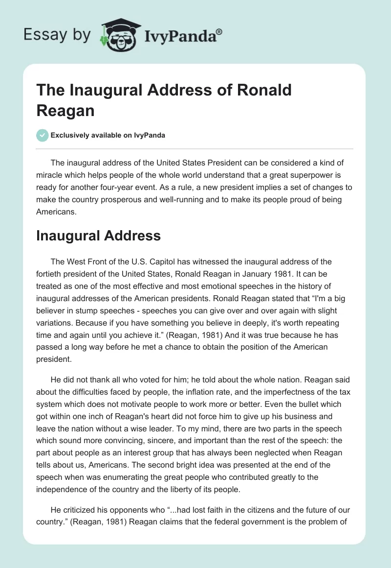 The Inaugural Address of Ronald Reagan. Page 1