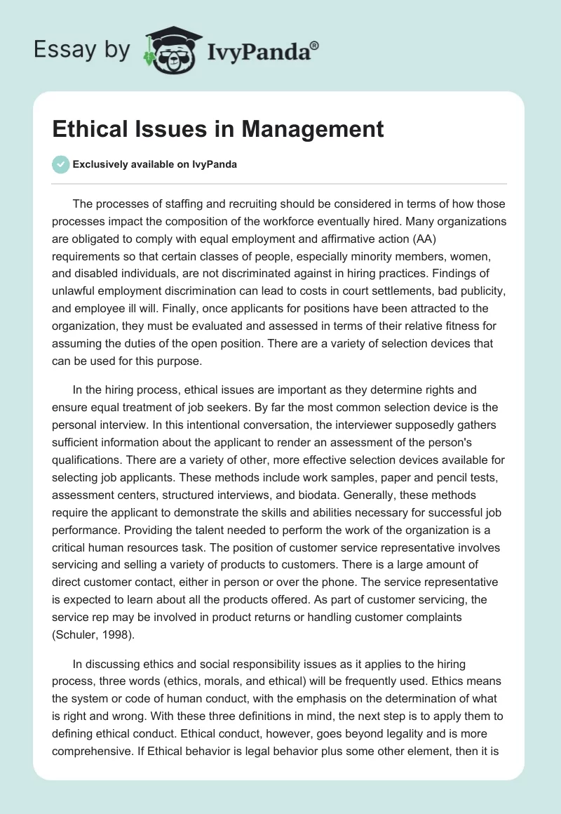 Ethical Issues in Management. Page 1