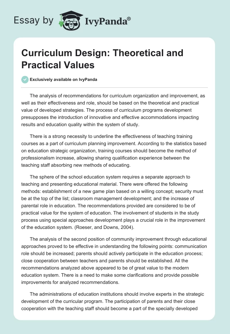 Curriculum Design: Theoretical and Practical Values. Page 1
