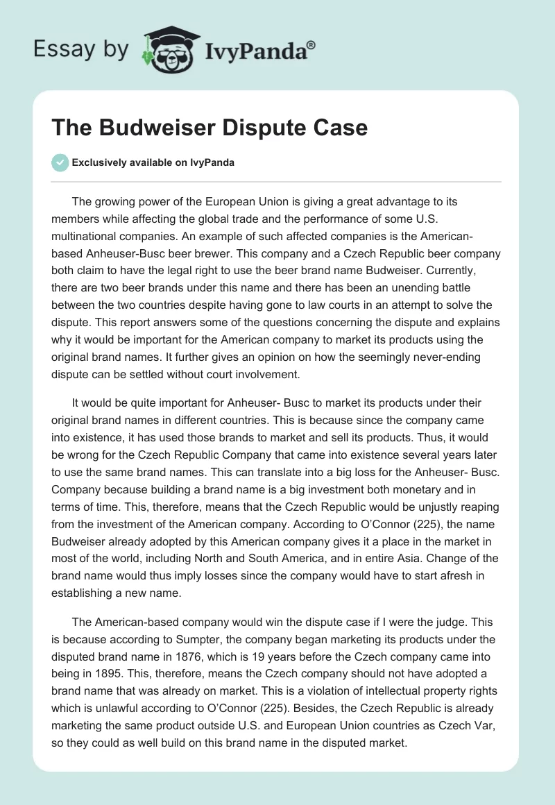 The Budweiser Dispute Case. Page 1