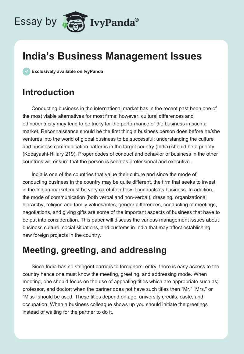 India’s Business Management Issues. Page 1
