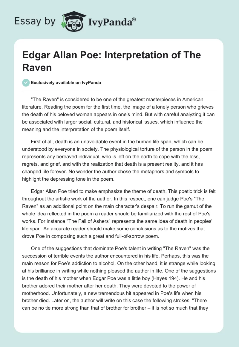 Edgar Allan Poe: Interpretation of "The Raven". Page 1