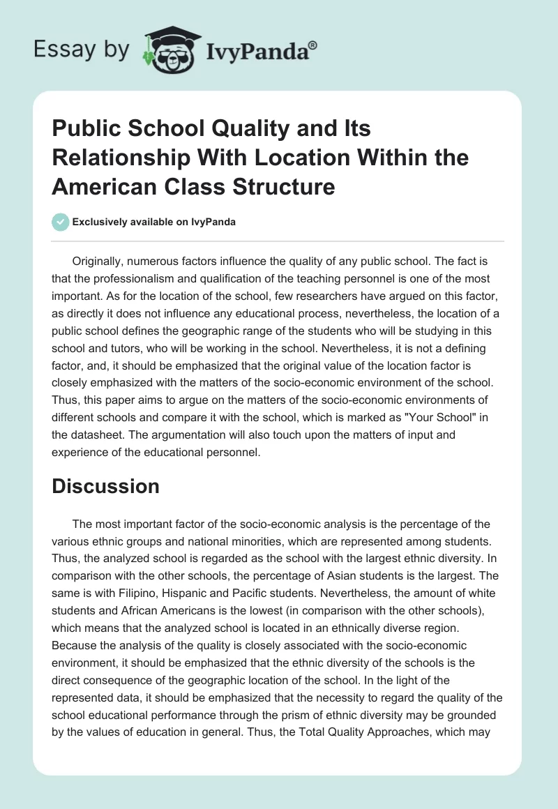 Public School Quality and Its Relationship With Location Within the American Class Structure. Page 1