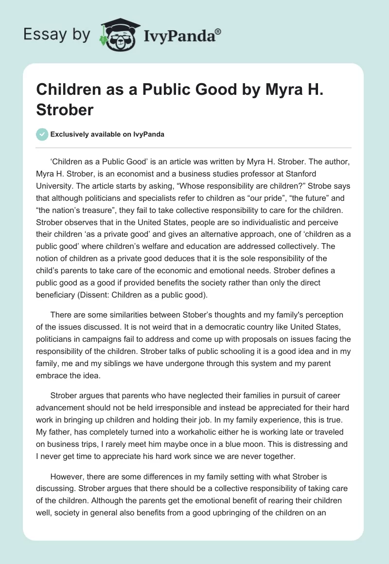 "Children as a Public Good" by Myra H. Strober. Page 1