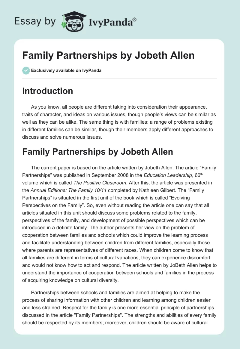 "Family Partnerships" by Jobeth Allen. Page 1