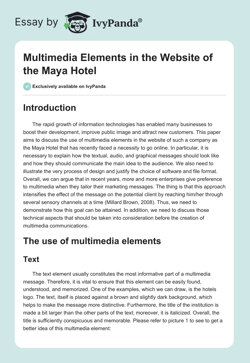 Multimedia Elements in the Website of the Maya Hotel. Page 1