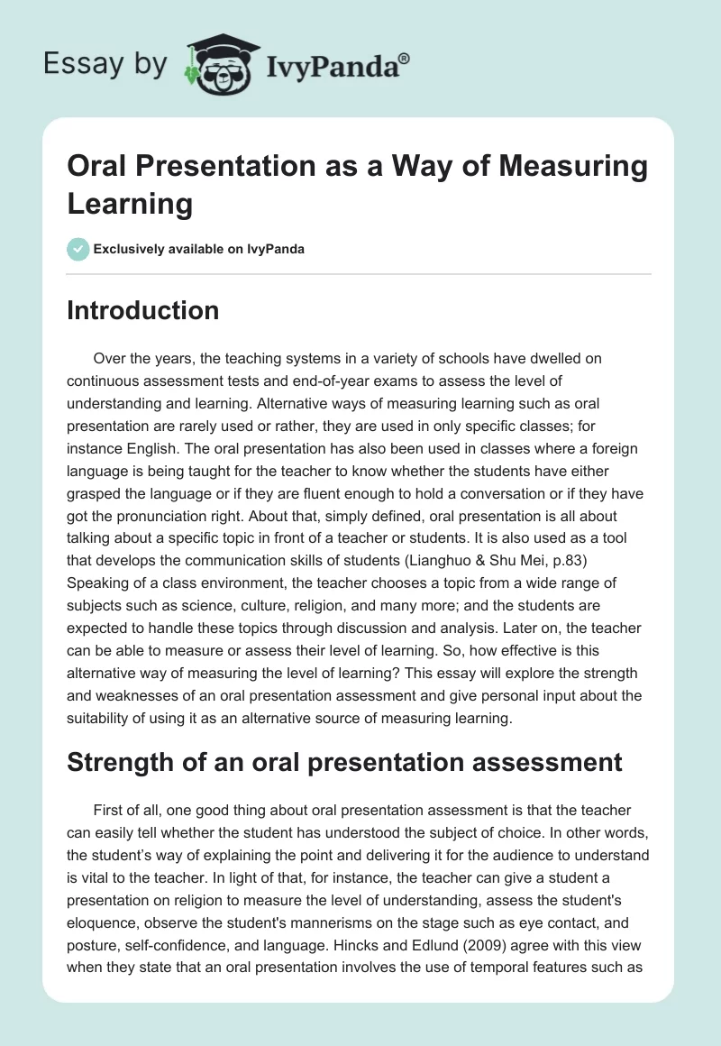 Oral Presentation as a Way of Measuring Learning. Page 1