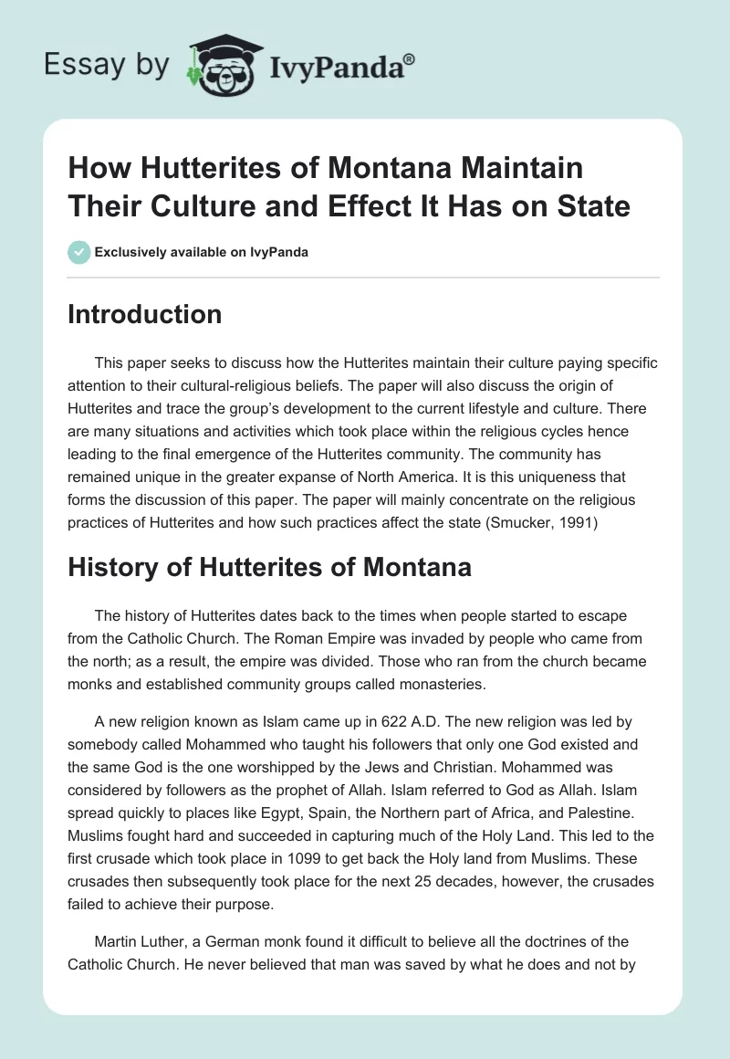 How Hutterites of Montana Maintain Their Culture and Effect It Has on State. Page 1