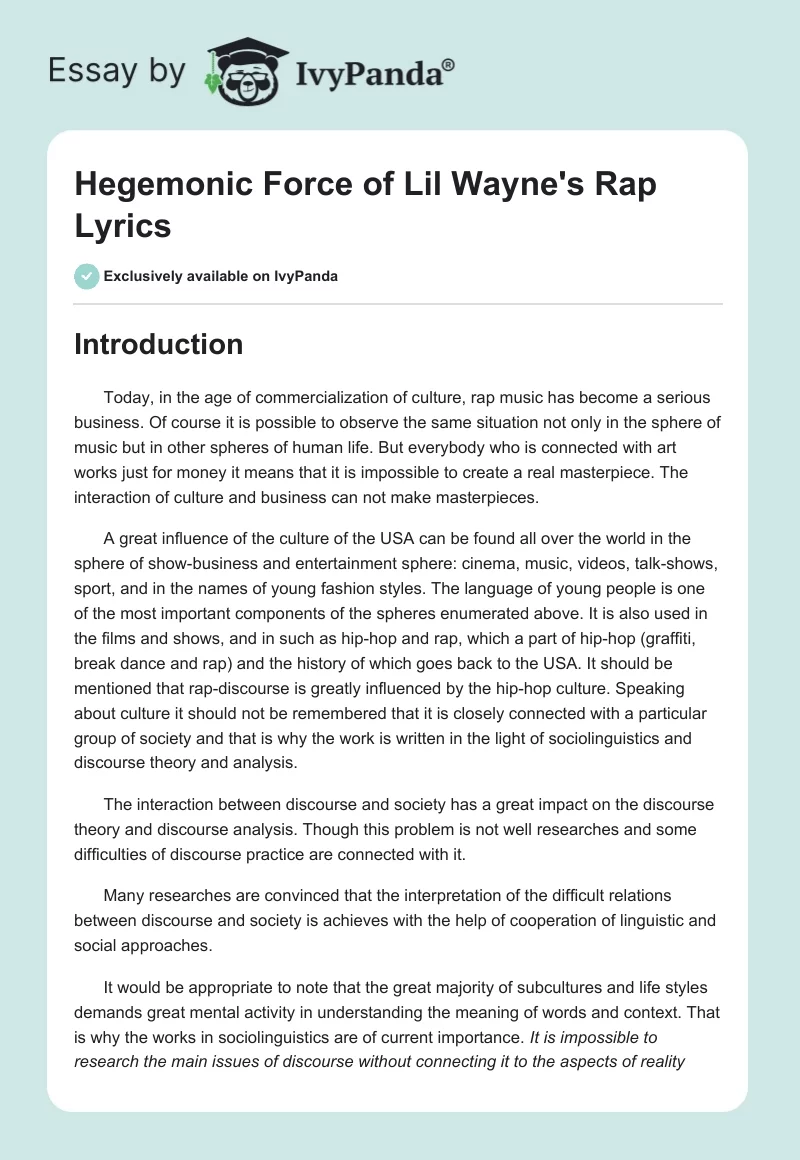 Hegemonic Force of Lil Wayne's Rap Lyrics. Page 1