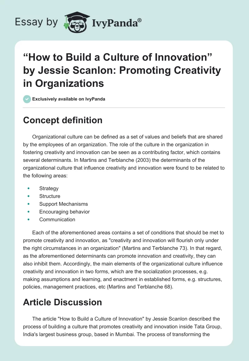 “How to Build a Culture of Innovation” by Jessie Scanlon: Promoting Creativity in Organizations. Page 1