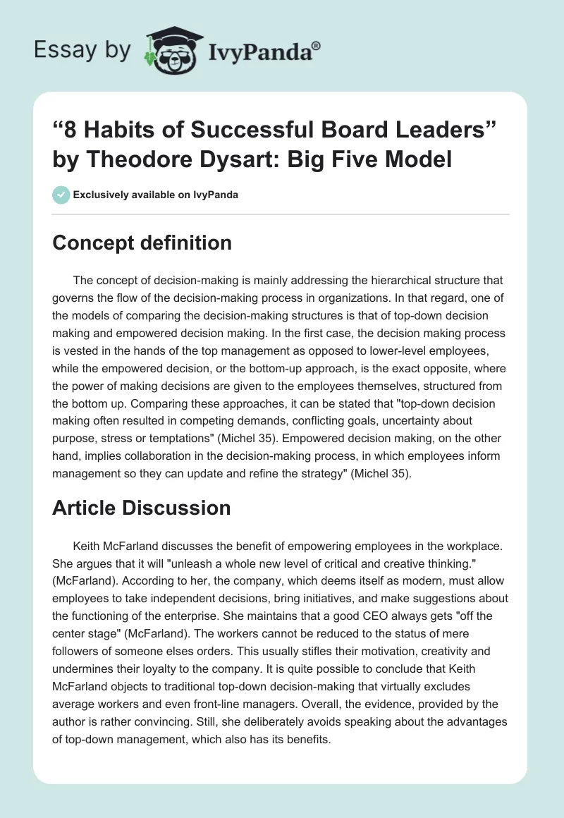“8 Habits of Successful Board Leaders” by Theodore Dysart: Big Five Model. Page 1