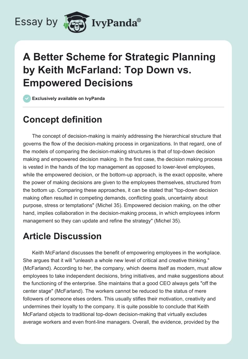"A Better Scheme for Strategic Planning" by Keith McFarland: Top Down vs. Empowered Decisions. Page 1