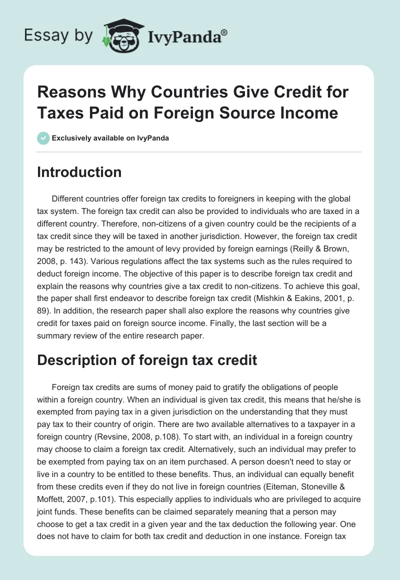 Reasons Why Countries Give Credit for Taxes Paid on Foreign Source Income. Page 1