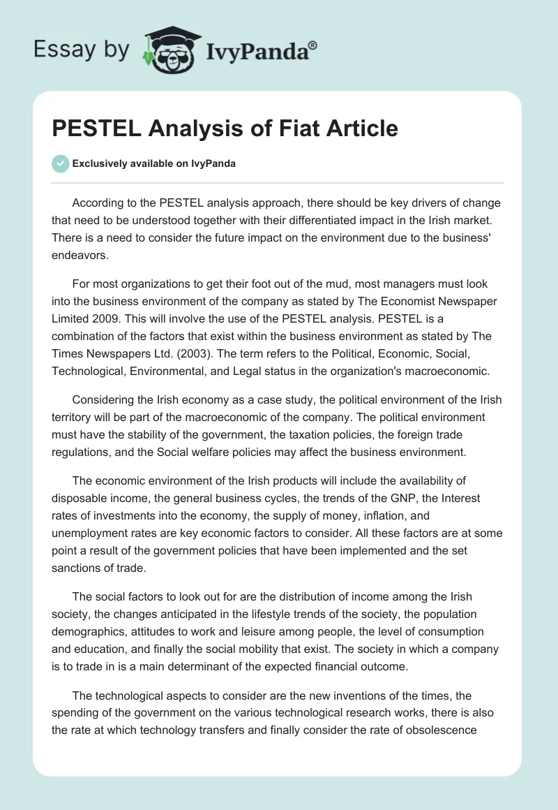 PESTEL Analysis of Fiat Article. Page 1