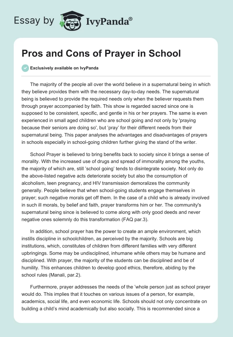 Pros and Cons of Prayer in School. Page 1