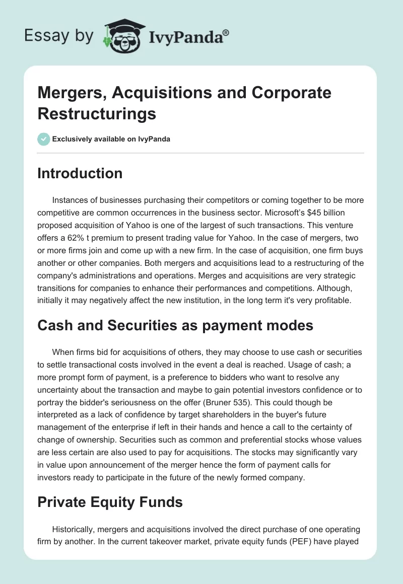 Mergers, Acquisitions and Corporate Restructurings. Page 1