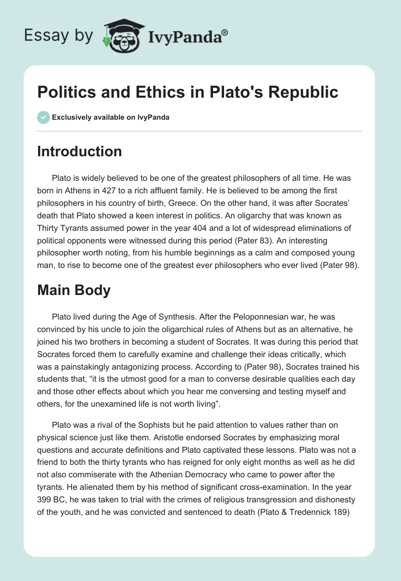 Politics and Ethics in Plato's Republic. Page 1