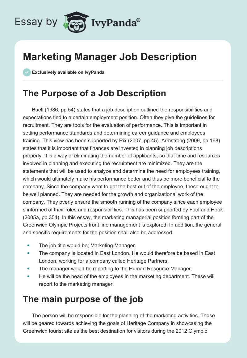 Marketing Manager Job Description. Page 1