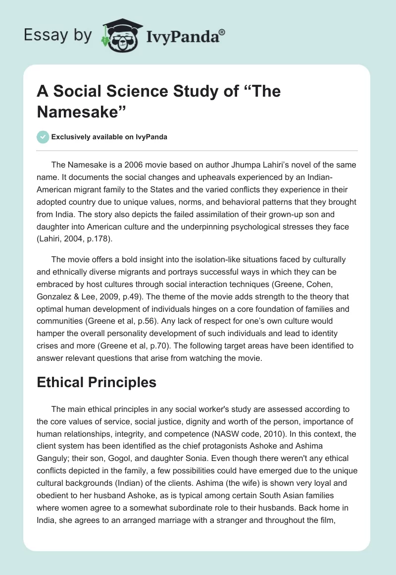 A Social Science Study of “The Namesake”. Page 1