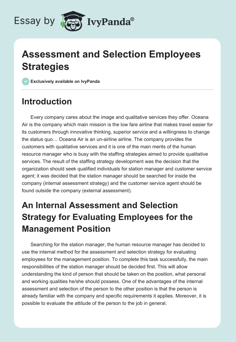 Assessment and Selection Employees Strategies. Page 1