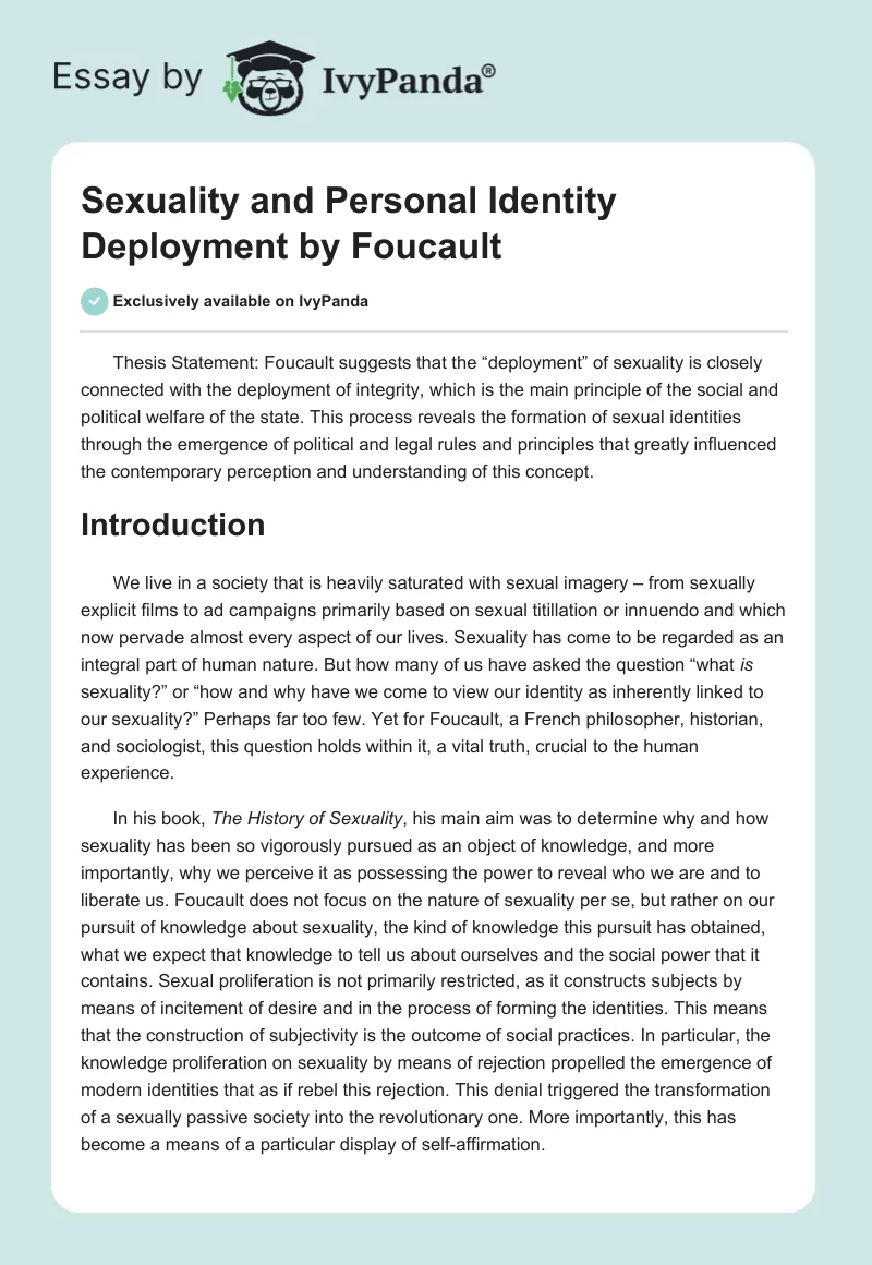 Sexuality and Personal Identity Deployment by Foucault. Page 1