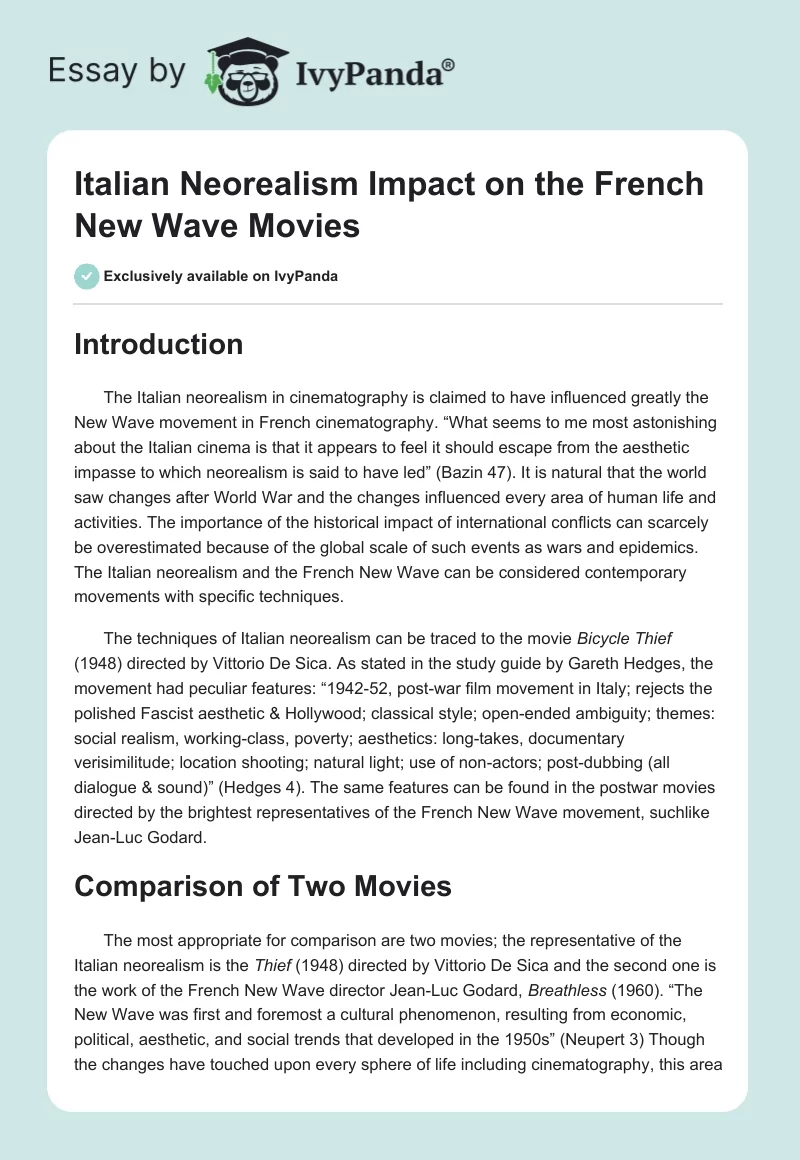 Italian Neorealism Impact on the French New Wave Movies. Page 1