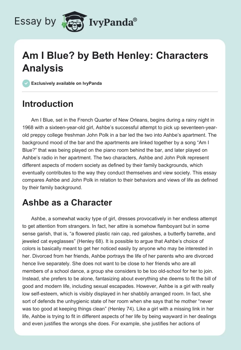 "Am I Blue?" by Beth Henley: Characters Analysis. Page 1