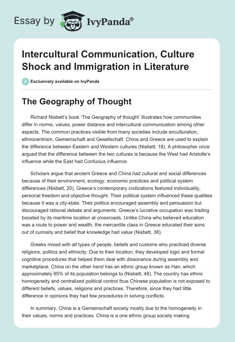 Intercultural Communication, Culture Shock and Immigration in Literature. Page 1