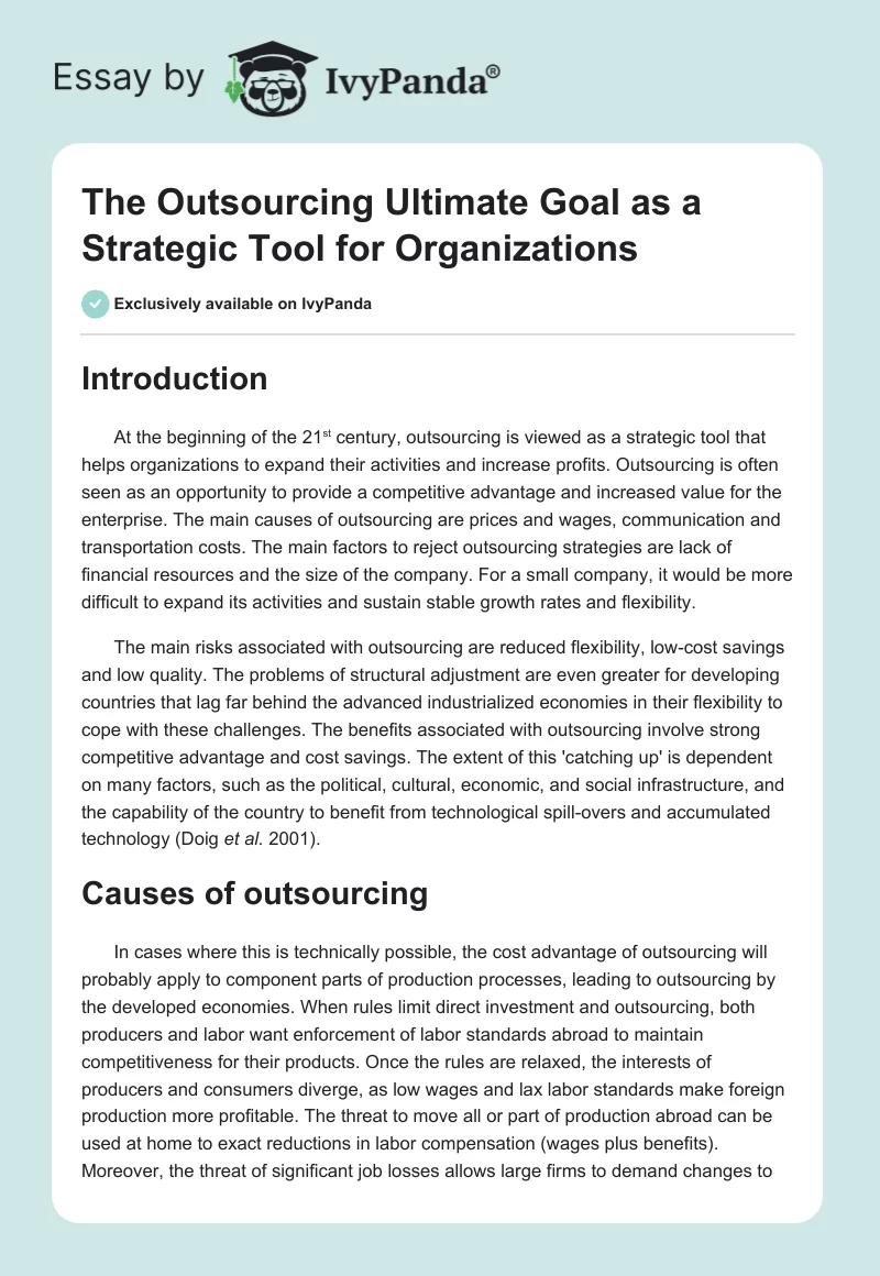 The Outsourcing Ultimate Goal as a Strategic Tool for Organizations. Page 1