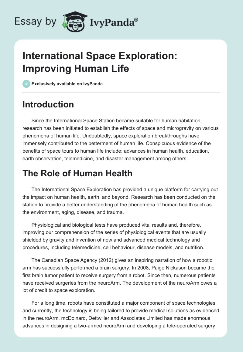 International Space Exploration: Improving Human Life. Page 1