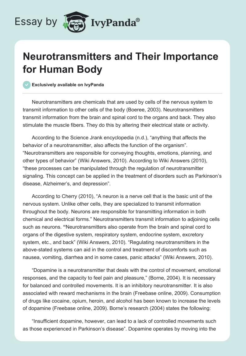 Neurotransmitters and Their Importance for Human Body. Page 1