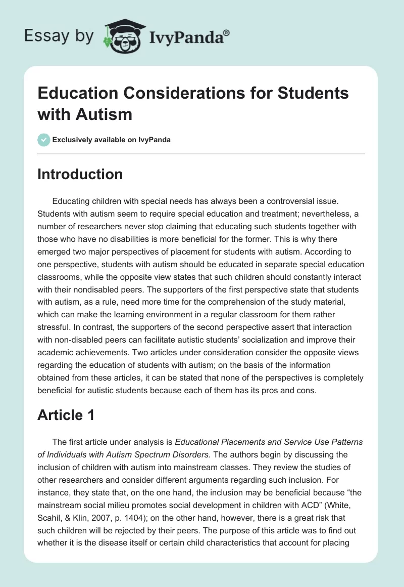 Education Considerations for Students With Autism. Page 1