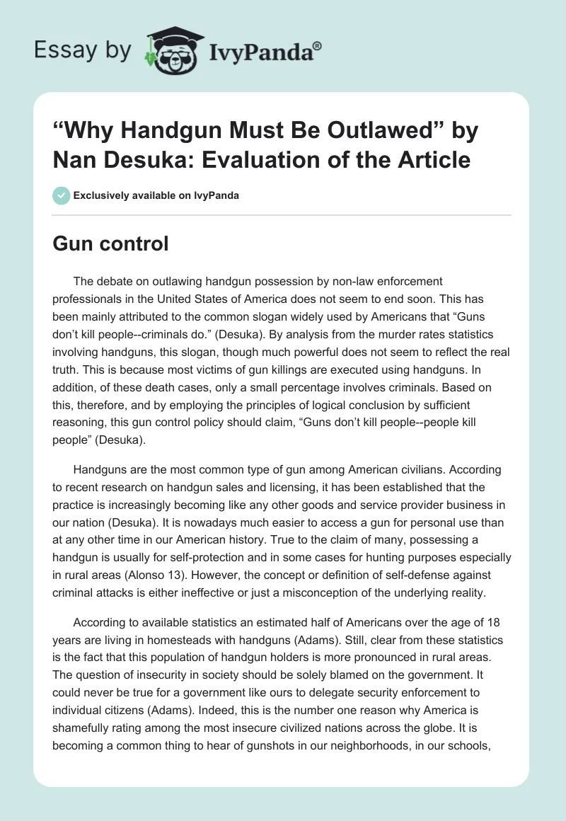 “Why Handgun Must Be Outlawed” by Nan Desuka: Evaluation of the Article. Page 1