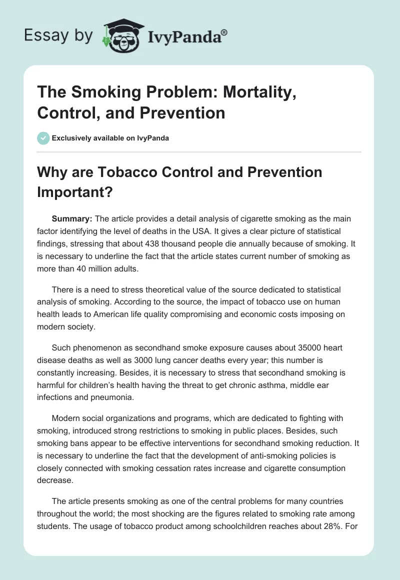 The Smoking Problem: Mortality, Control, and Prevention. Page 1