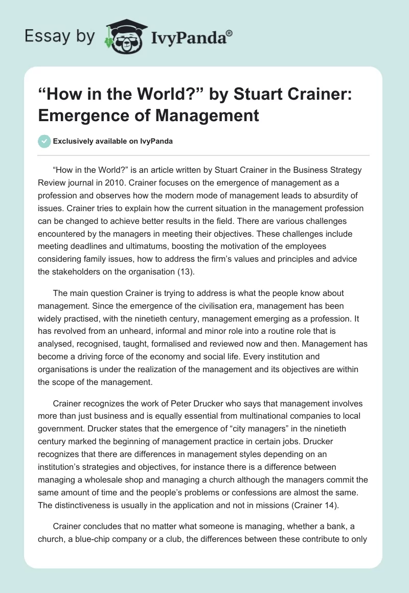 “How in the World?” by Stuart Crainer: Emergence of Management. Page 1