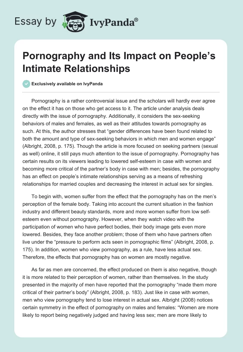 Pornography and Its Impact on People’s Intimate Relationships. Page 1