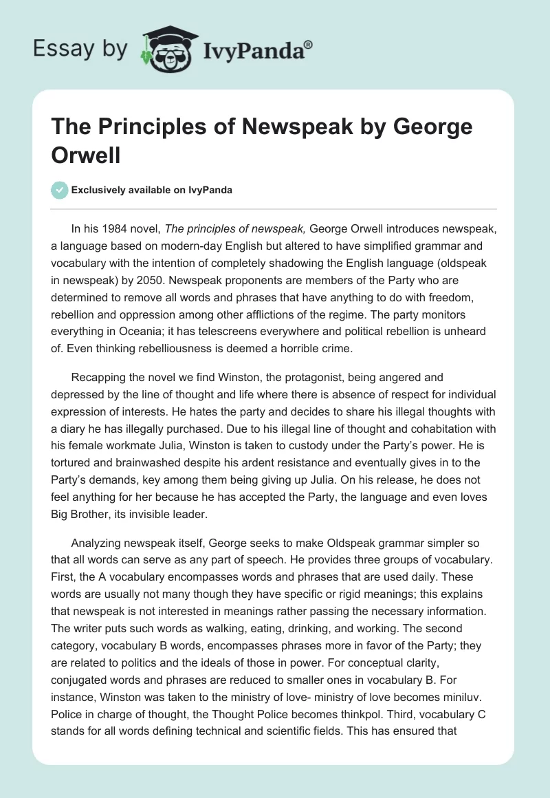 "The Principles of Newspeak" by George Orwell. Page 1